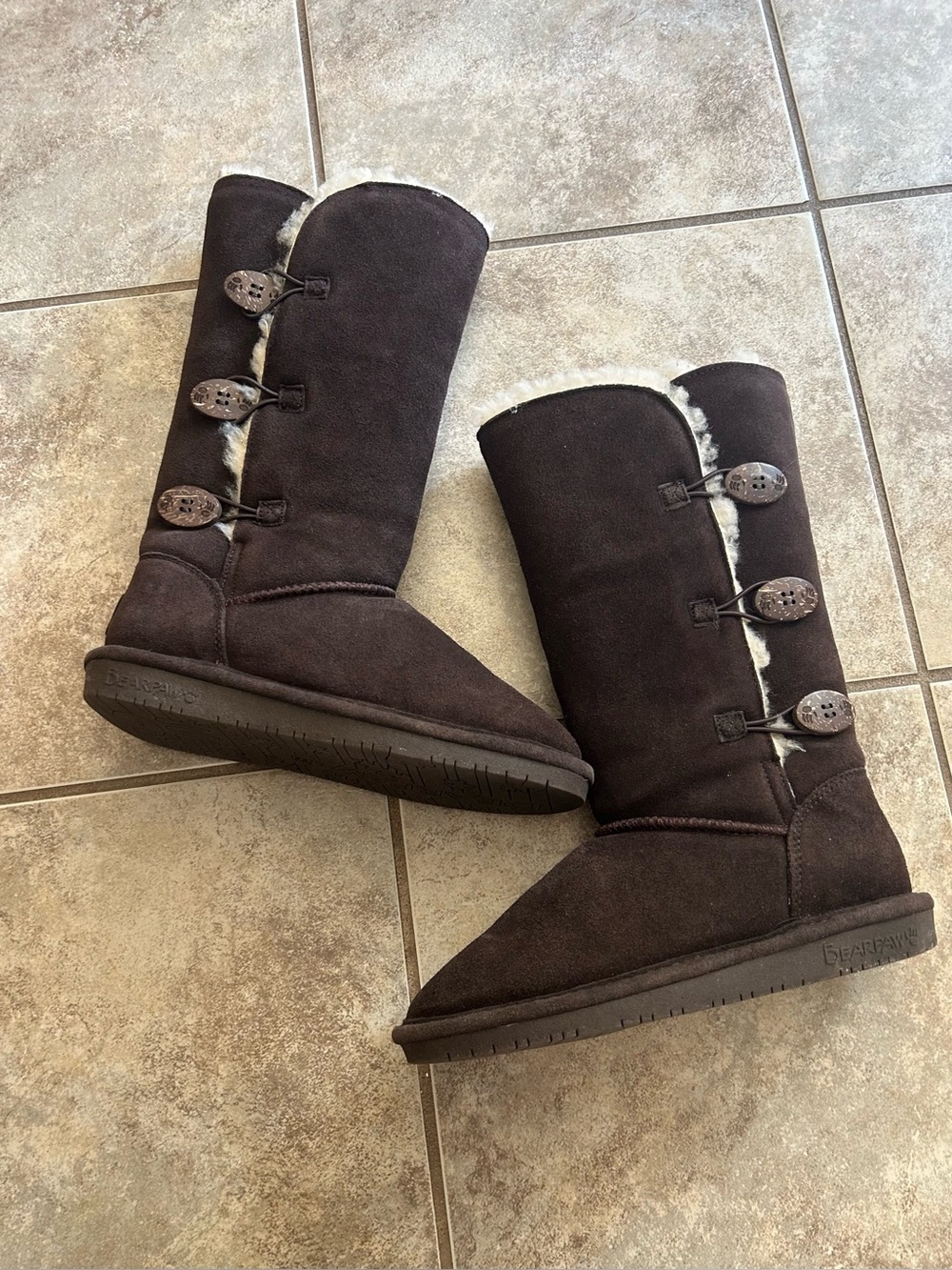 Bearpaw Women's Dark Brown Tall Button-Accent Shearling Boots